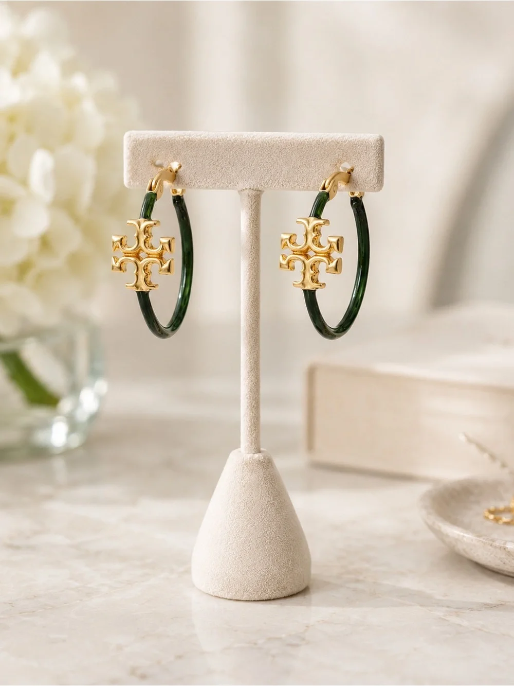 Tory Burch Eleanor Double T Medium Hoop Earrings in Green - Picture 2 of 5